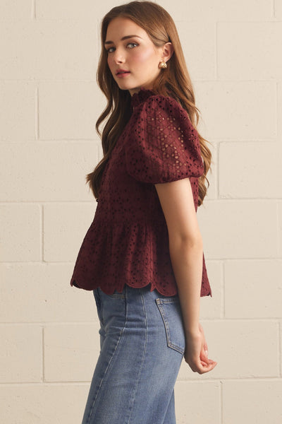 Solid Eyelet Puff Sleeve Top: Burgundy