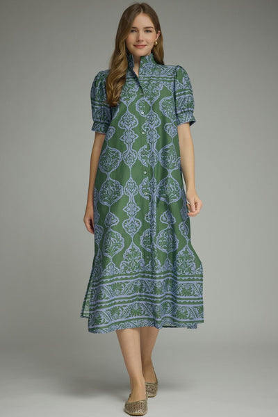 Ornamental Short Puff Sleeve Midi Dress: Green