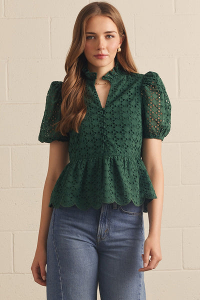 Solid Eyelet Puff Sleeve Top: Green