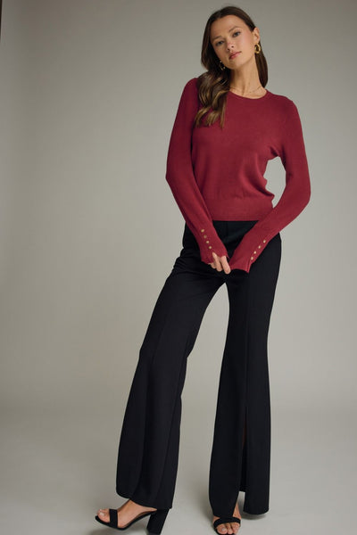 Solid Round Neck Long Sleeve Knit Top: Wine
