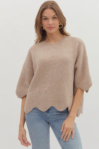 Taupe Knit Scalloped Sweater