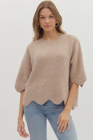 Taupe Knit Scalloped Sweater