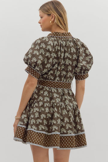 Belted Brown Floral Mini Dress