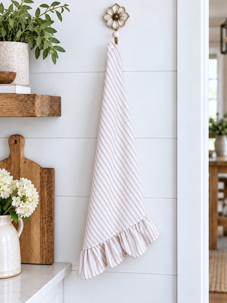 Stay Put Towel - Tan Ticking Stripe Ruffle