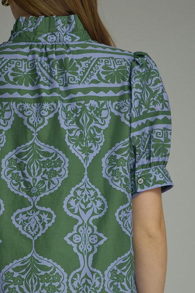 Ornamental Short Puff Sleeve Midi Dress: Green