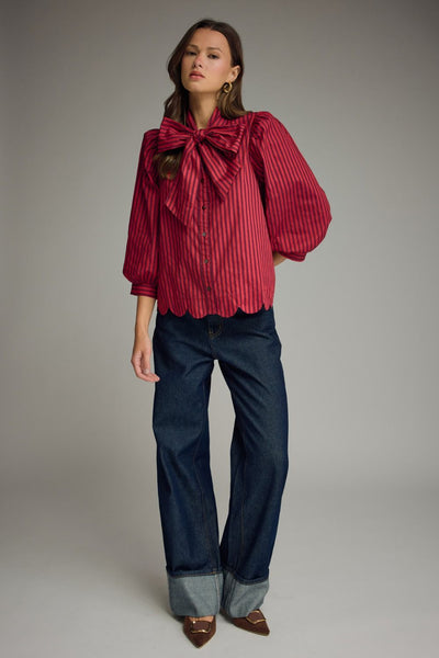 Stripe Self-Tie Neck Puff Sleeve Top: Red Brown