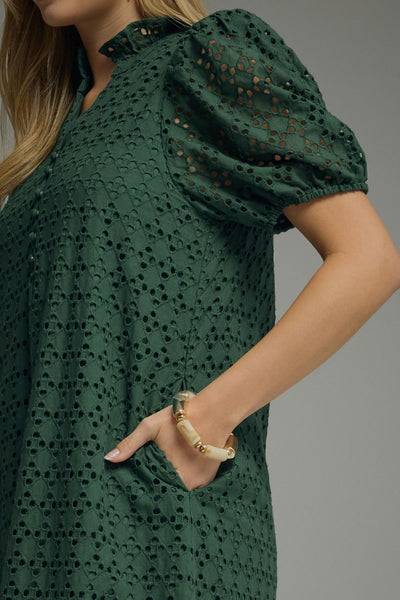 Eyelet Short Puff Sleeve Midi Dress: Green