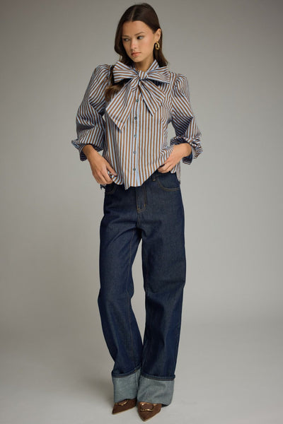 Stripe Self-Tie Neck Puff Sleeve Top: Blue Brown