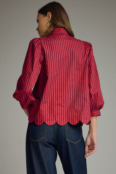 Stripe Self-Tie Neck Puff Sleeve Top: Red Brown