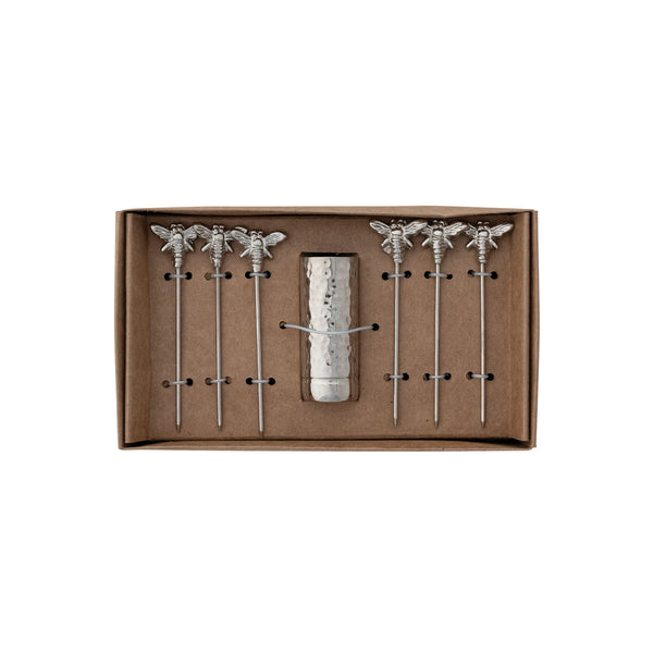 Aluminum Holder with (6) Stainless Steel Appetizer Picks with Bee Handles, Boxed Set of 7