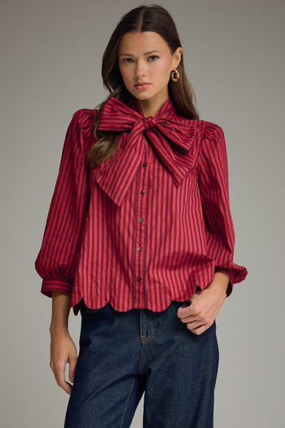 Stripe Self-Tie Neck Puff Sleeve Top: Red Brown