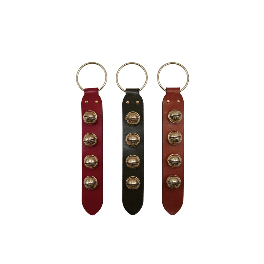 Leather & Embossed Metal Bells Door Hanger, Gold Finish, 3 Colors