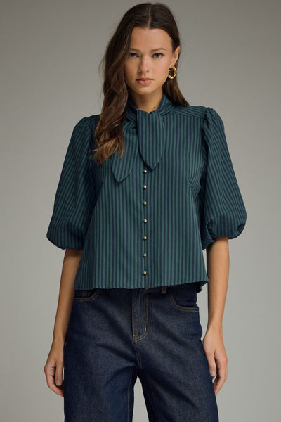 Stripe Self-Tie Neck Short Puff Sleeve Top: Hunter Green