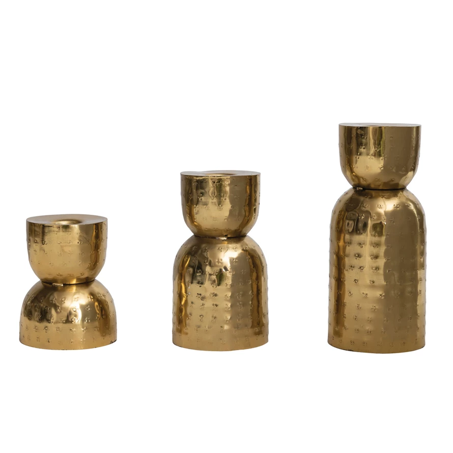 Hammered Metal Taper Holders, Antique Gold Finish, 3 sizes