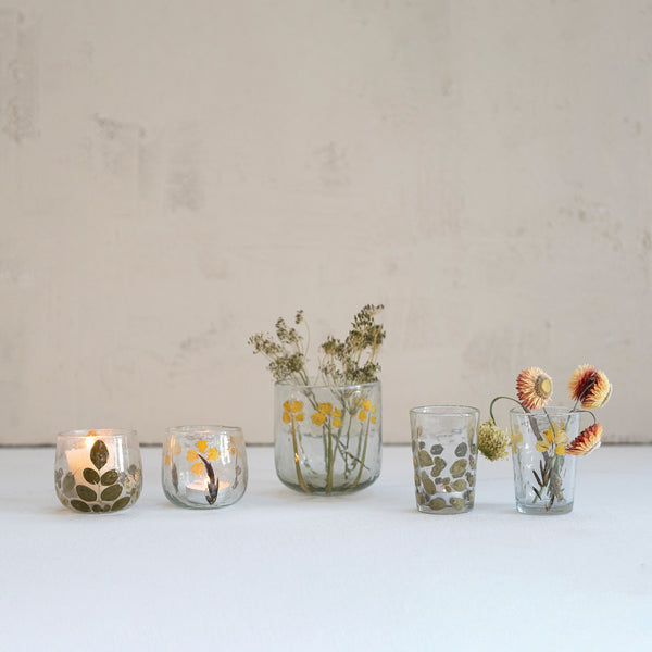 Handmade Glass Tealight/Votive Holder with Embedded Natural Moringa Leaves