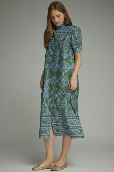 Ornamental Short Puff Sleeve Midi Dress: Green