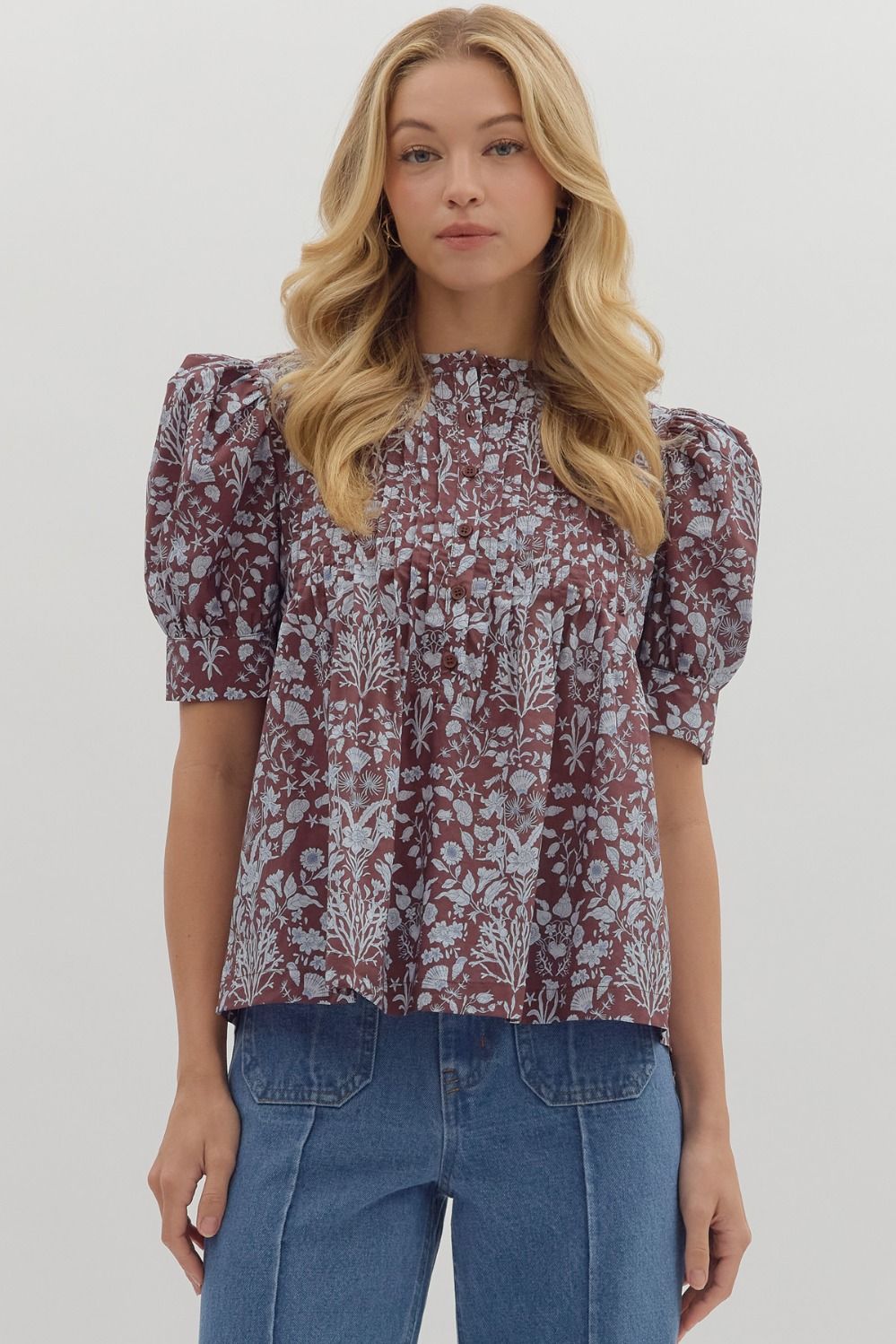 Brown Floral Puff Sleeve Pintuck Top