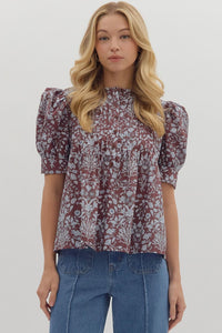 Brown Floral Puff Sleeve Pintuck Top