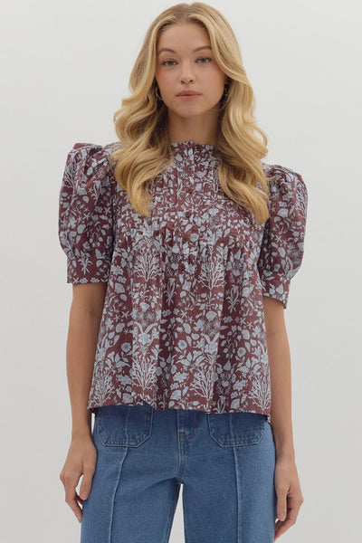 Brown Floral Puff Sleeve Pintuck Top