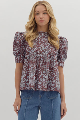 Brown Floral Puff Sleeve Pintuck Top
