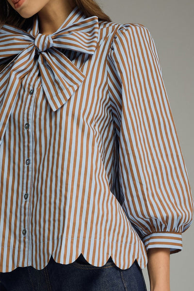Stripe Self-Tie Neck Puff Sleeve Top: Blue Brown