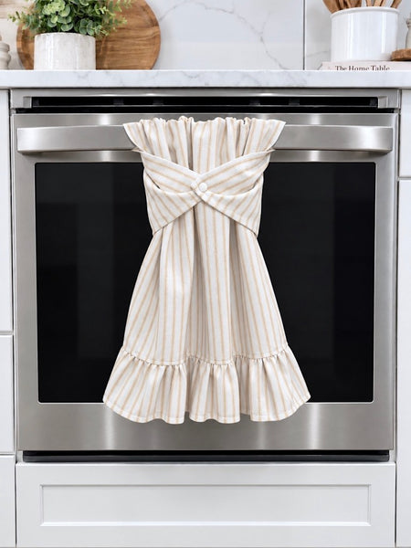 Stay Put Towel - Tan Ticking Stripe Ruffle