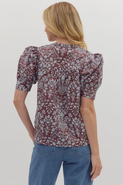 Brown Floral Puff Sleeve Pintuck Top