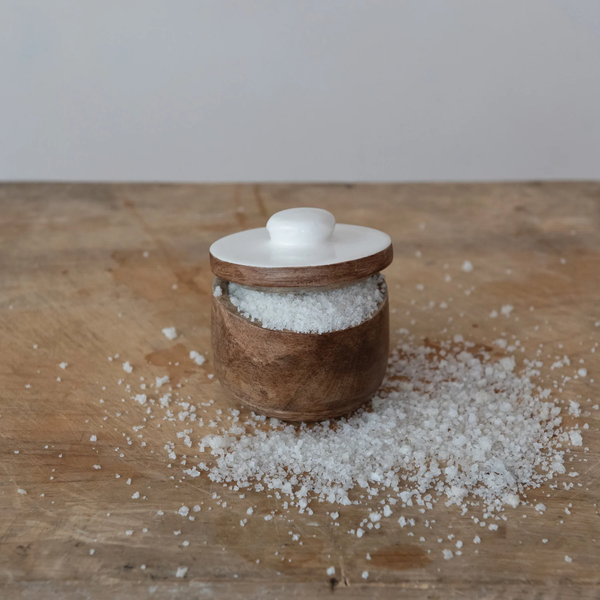 Mango Wood Pinch Pot w/ Enameled Lid, Natural & White