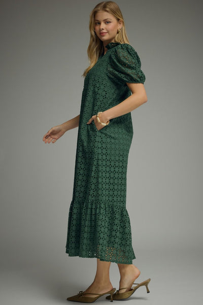 Eyelet Short Puff Sleeve Midi Dress: Green