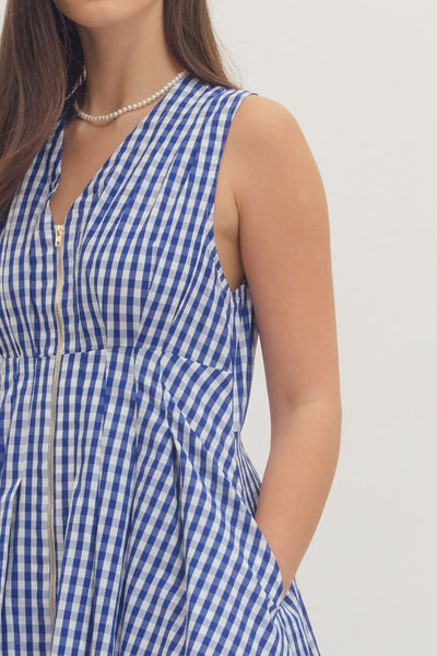 Gingham Zip Up Mini Dress - Navy Blue