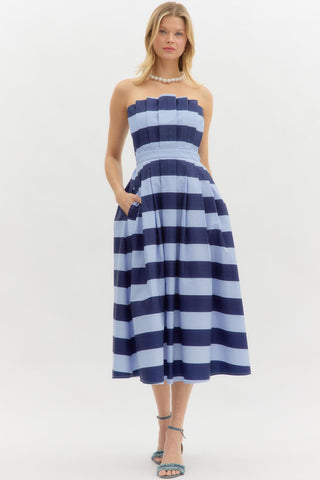 Navy Stripe Cotton Strapless Midi Dress