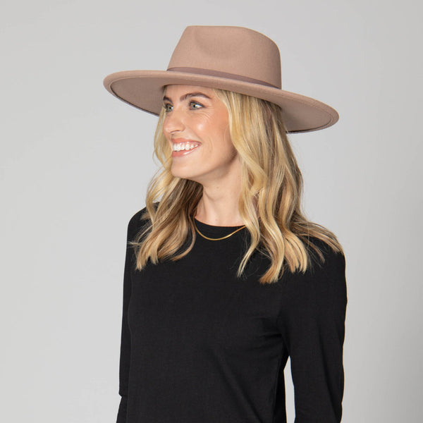 Taupe Fedora with Pinch Crown and Gold Trim
