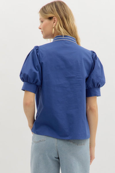 Embroidered V-Neck Puff Sleeve Top