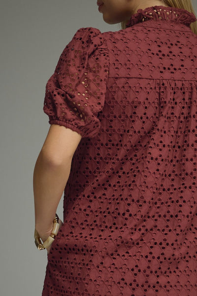 Eyelet Short Puff Sleeve Midi Dress: Burgundy