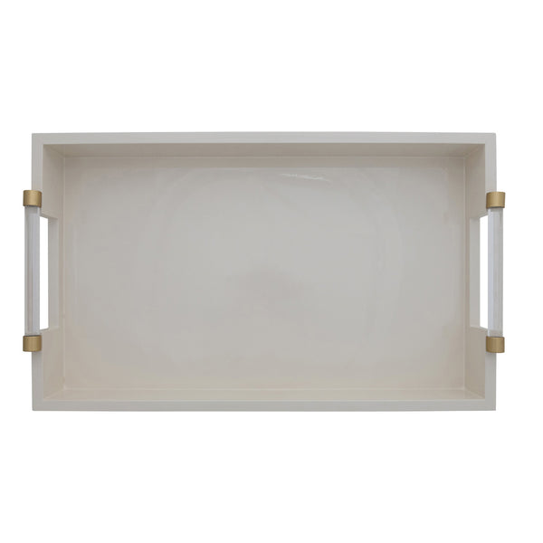 MDF Lacquered Tray w/ Acrylic & Metal Handles, Gold Finish & Cream Color