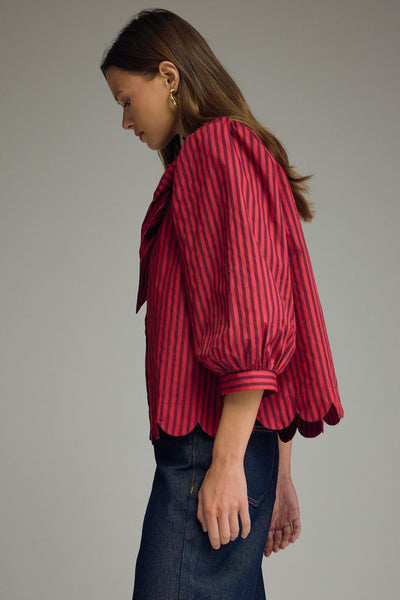 Stripe Self-Tie Neck Puff Sleeve Top: Red Brown