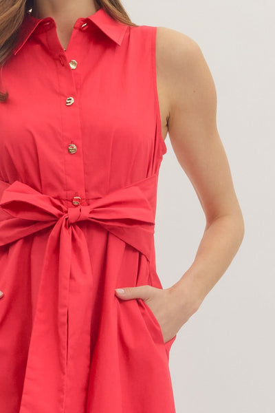 Button Down Tie Dress - Red