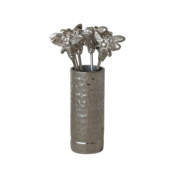 Aluminum Holder with (6) Stainless Steel Appetizer Picks with Bee Handles, Boxed Set of 7