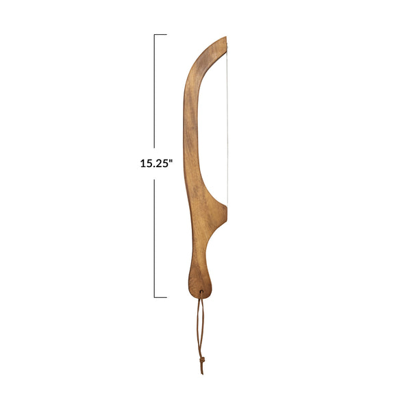 Wood Bread Bow Knife w/ Stainless Steel Blade & Faux Leather Tie, Natural