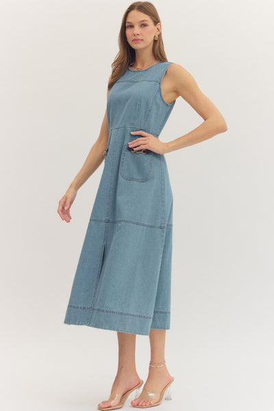 Sleeveless Equestrian Midi Denim Dress - Light Blue