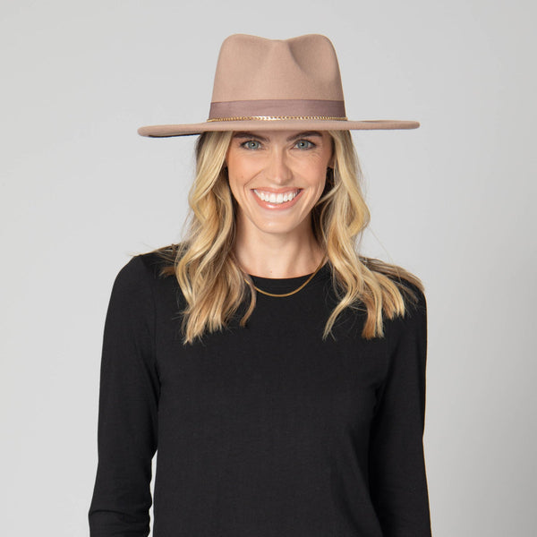 Taupe Fedora with Pinch Crown and Gold Trim
