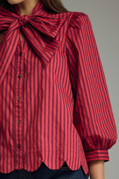 Stripe Self-Tie Neck Puff Sleeve Top: Red Brown