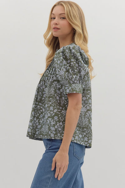 Floral Puff Sleeve Pintuck Top