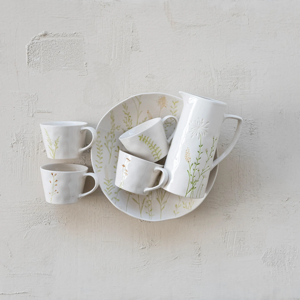 Debossed Stoneware Low Bowl with Botanicals (Each One Will Vary)