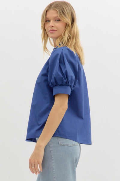 Embroidered V-Neck Puff Sleeve Top
