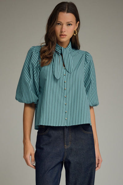 Stripe Self-Tie Neck Short Puff Sleeve Top: Blue
