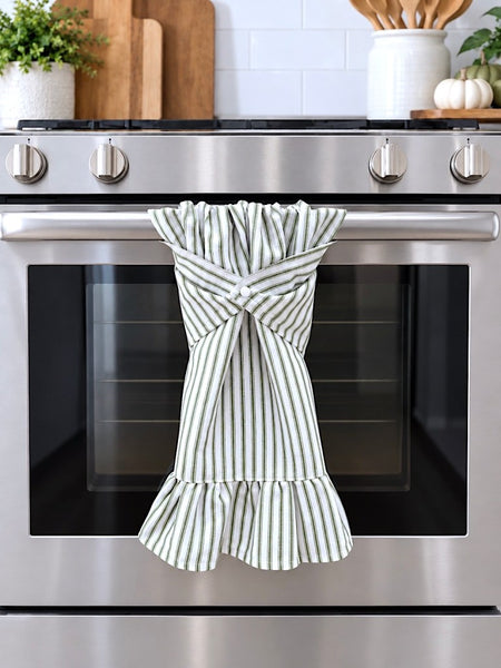 Stay Put Towel - Green Ticking Stripe Ruffle