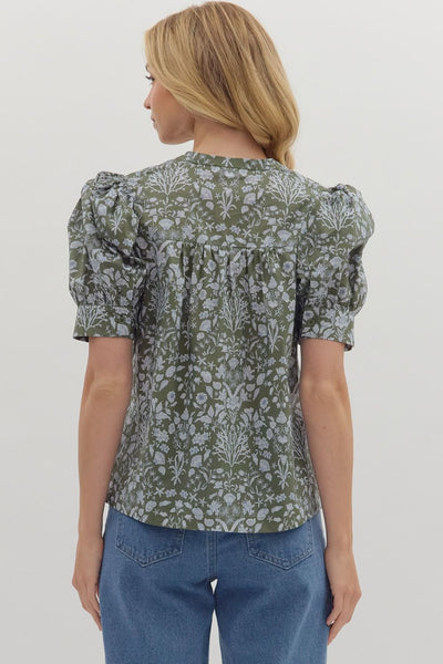 Floral Puff Sleeve Pintuck Top