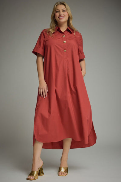Solid Short Sleeve Midi Dress: Brick