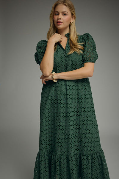 Eyelet Short Puff Sleeve Midi Dress: Green